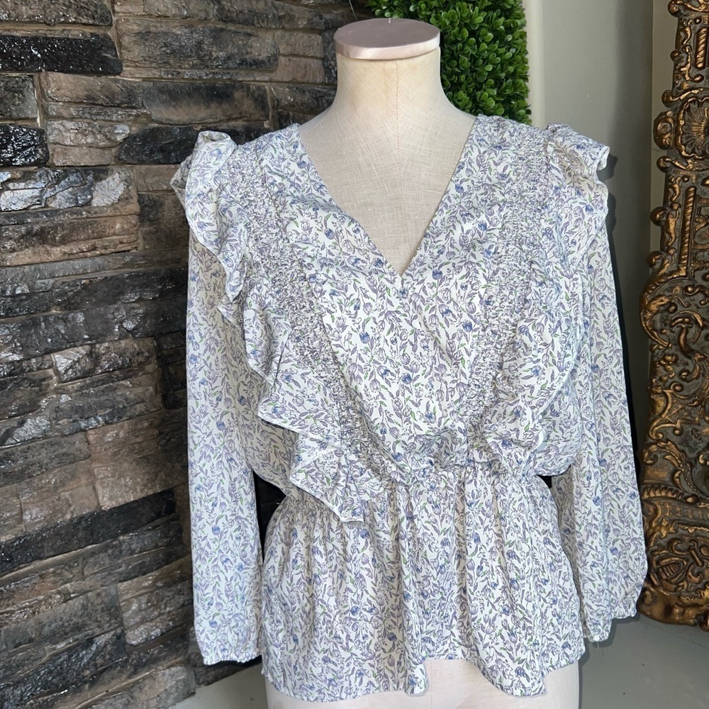 Floral Ruffle Blouse - Blue and White